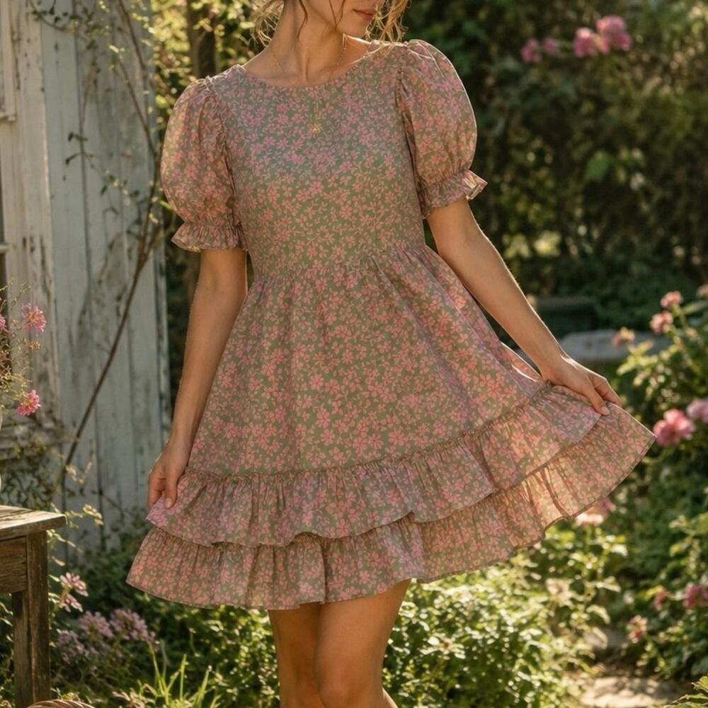 Show Me Your Mumu Daiquiri Mini Dress Fairy Floral Puff Sleeve Tiered Size Large